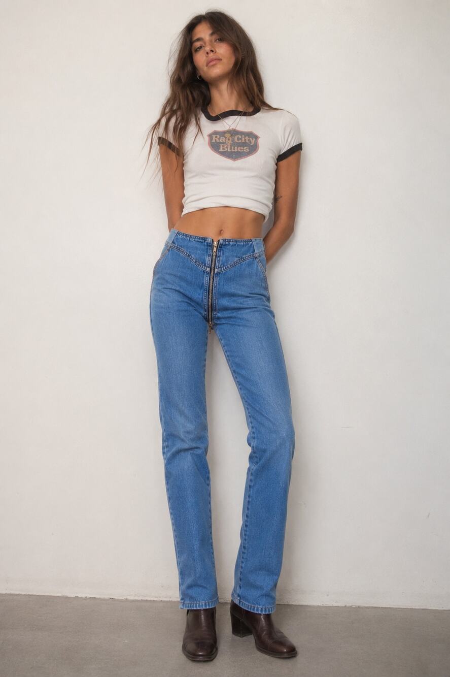 Rag City Blues | Vtg 70s High Waist Full Zip-Around Reworked Denim Jeans Sz 25